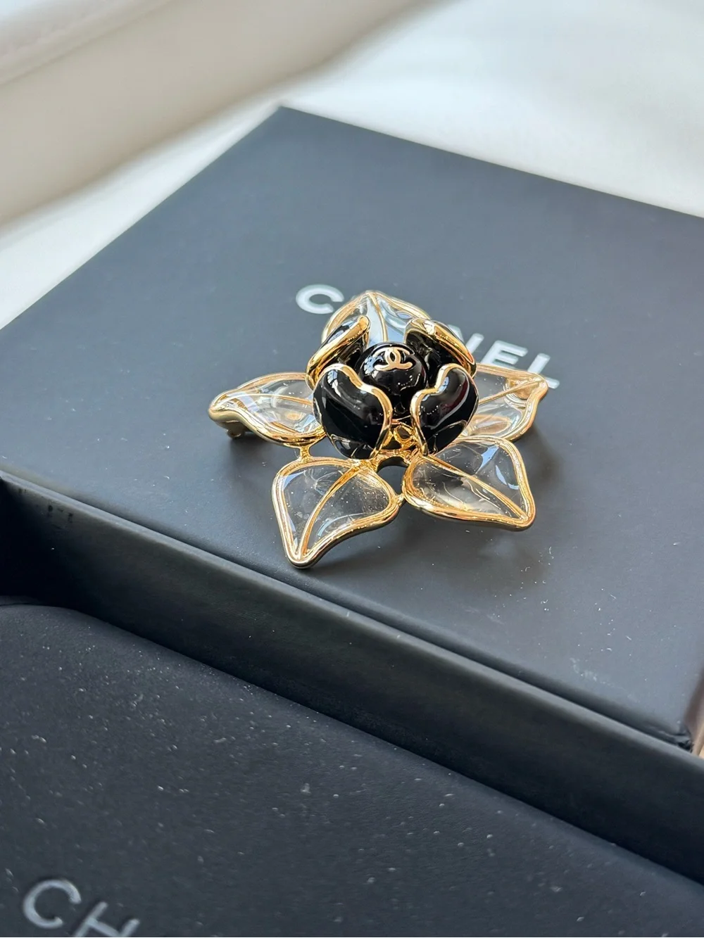 CHANEL New 2026 Black, Clear and Gold Camellia Brooch